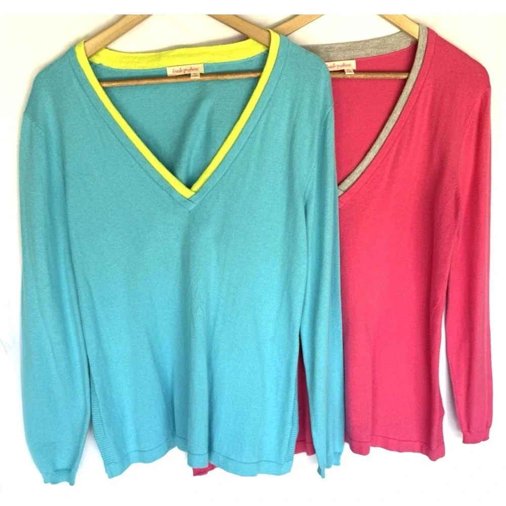 Lot 2 Fresh Produce Womens V Neck Tunic Sweater Size L Casual Comfort Lightweigh - Picture 2 of 16